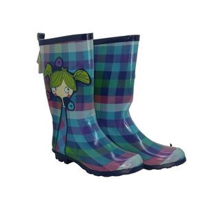 TucTuc Girls NEW Multicolor Blue/Green Plaid Rain Boots w/Graphics - sz. 2 1/2